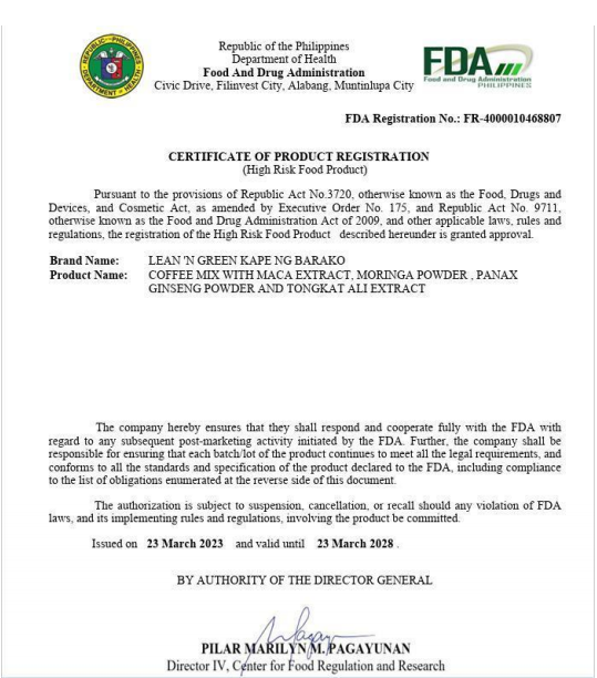Kapeng Barako FDA certificate